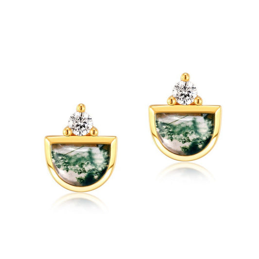 Silver Inlaid Green Moss Stone Stud Earrings